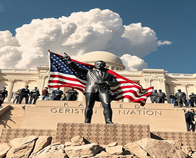bronze statute of man in suit pointing to the sky like a preacher with flag and capitol building in backbround.