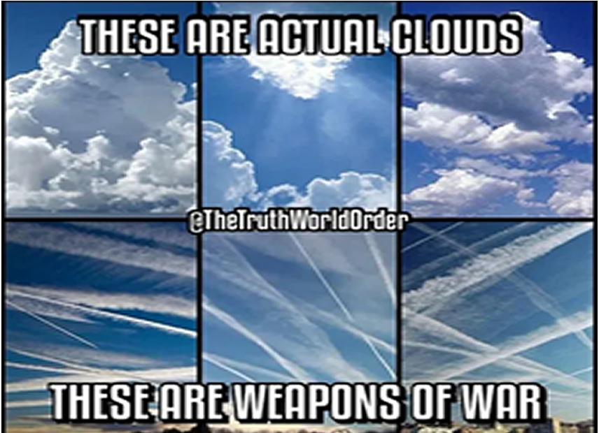 MAGA propaganda meme - top 3 images of clear sky - clouds, below each top image clear blud sky with dozens of chemtrails.