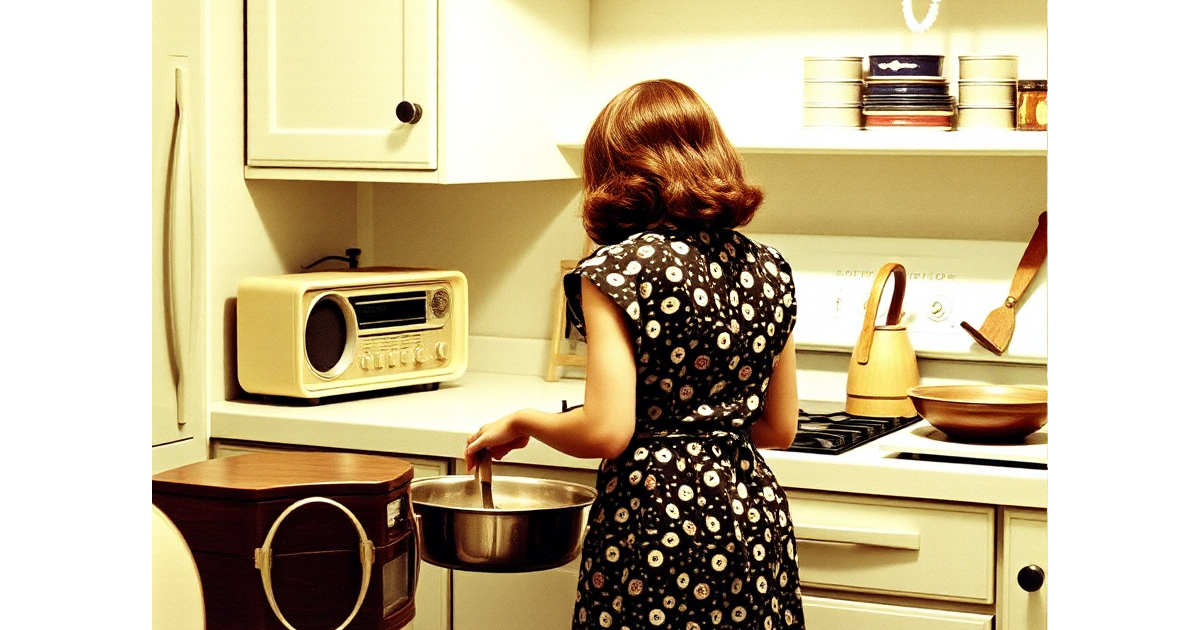 vintage image of 1960's mom cooking in the kitchen while listening to Paul Harvey on radio